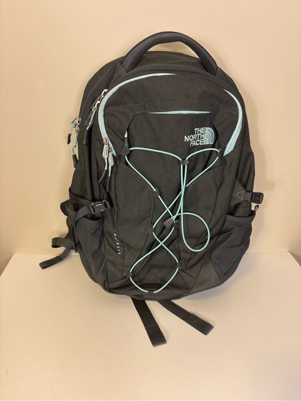 The North Face Borealis Grey Backpack with Light Blue Accents